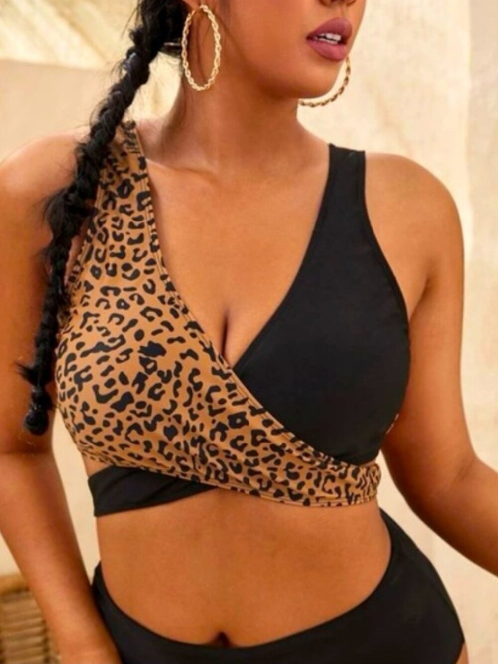 SHEIN 3X Black Leopard Print Wrap Tied Bikini Top 3687-CT